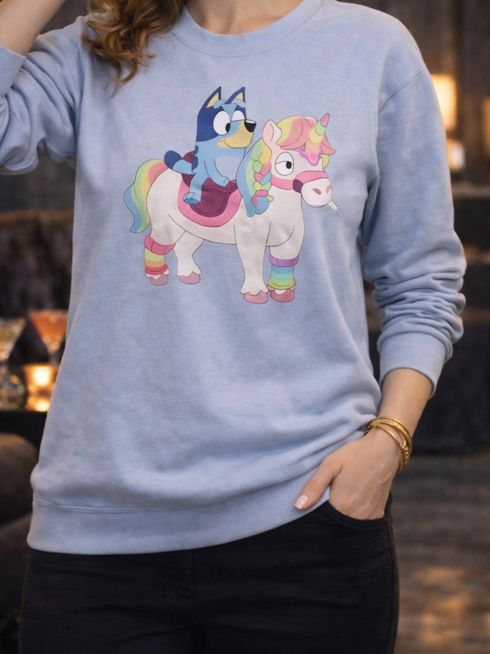 BLU+Y Light Blue Crewneck Sweatshirt with Bluey & Unicorn Graphic
